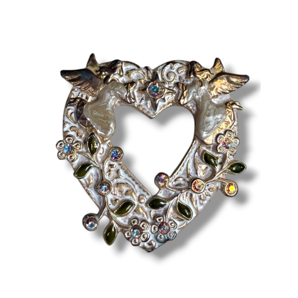 KC Vintage Angel Cherub Open Heart Brooch Enamel Rhinestone Gold Tone Pin 2 Inch